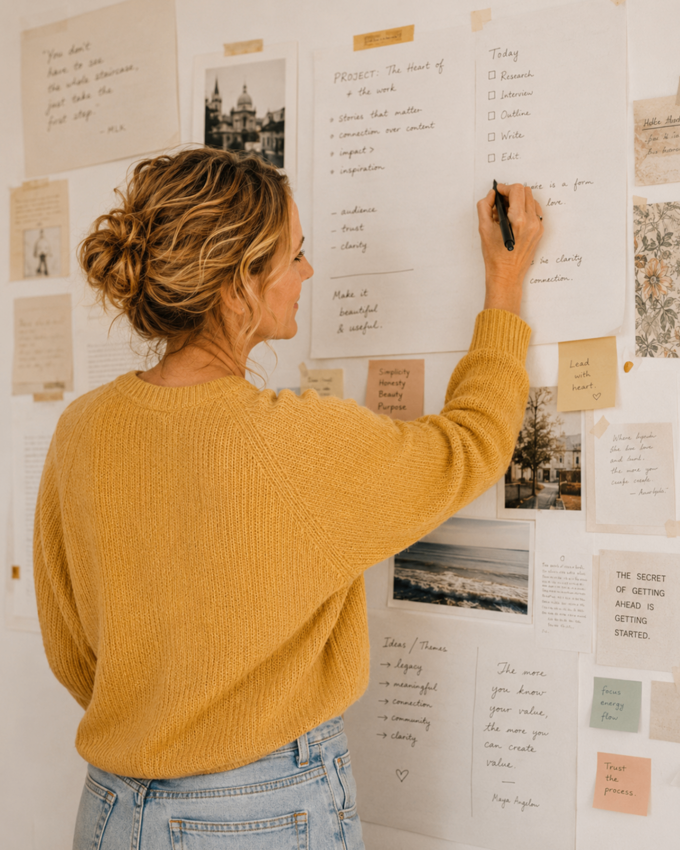 Ash writing on a paper pinned to a wall covered in notes, quotes, and inspiration